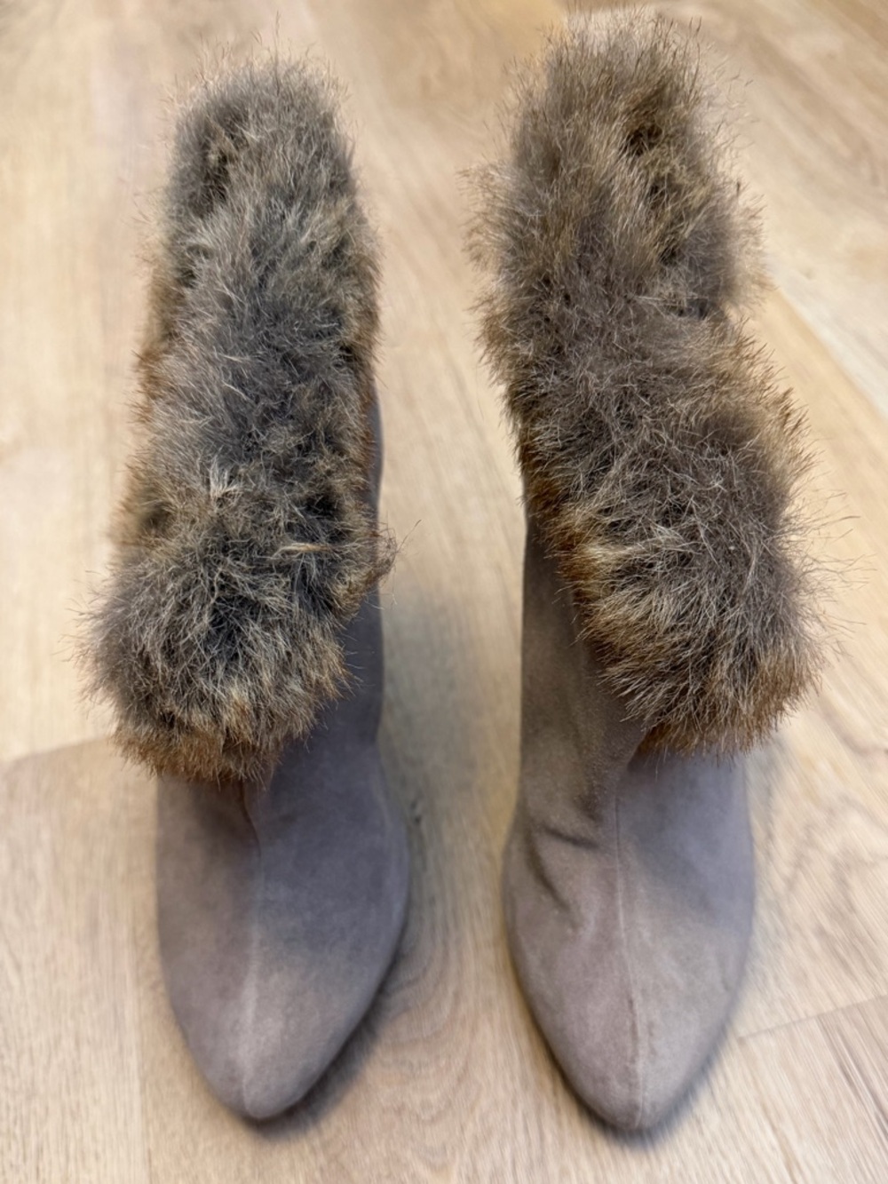 Colin Stuart Taupe Suede Fur Trim High-Heel Booties - Picture 2 of 10
